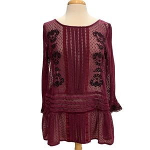 Free People Top Large Burgundy Embroidered Mesh Jocelyn Tunic Long Sleeve